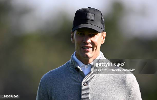 Former NFL quarterback Tom Brady looks on during the second round of the AT&T Pebble Beach Pro-Am at Pebble Beach Golf Links on February 02, 2024 in...