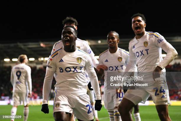 Wilfried Gnonto of Leeds United celebrates scoring his team's first goal during the Sky Bet Championship match between Bristol City and Leeds United...