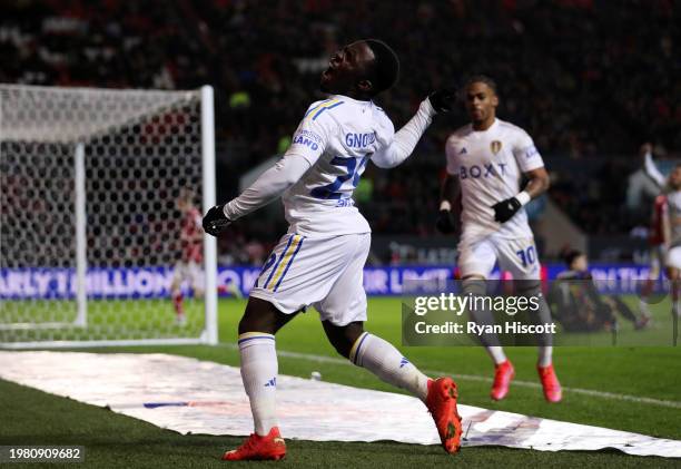 Wilfried Gnonto of Leeds United celebrates scoring his team's first goal during the Sky Bet Championship match between Bristol City and Leeds United...