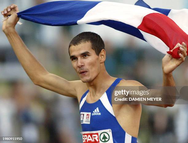 - Photo d'archives datée du 08 août 2002 de l'athlète français Mehdi Baala après avoir remporté le 1500 m lors des championnats d'Europe d'athlétisme...