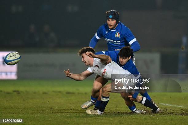 Mattia Jimenez of Italy U20, Nicholas Gasperini of Italy U20 and Archie Mc Parland of England U20 in action during the Guinness Six Nations 2024...