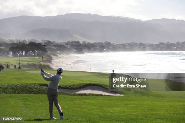 Rory McIlroy of Northern Ireland plays a shot on the ninth hole during the second round of the AT&T Pebble Beach Pro-Am at Pebble Beach Golf Links on...