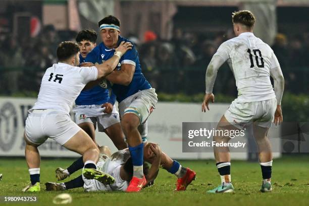 Piero Gritti of Italy U20 competes for the ball with Jacob Oliver of England U20 during the Guinness Six Nations 2024 match between Italy U20 and...