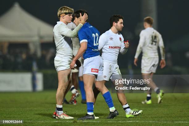 Archie McParland of England U20 and Francesco Imberti of Italy U20 congratulate each other after the Guinness Six Nations 2024 match between Italy...