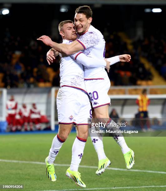Lucas Beltran of Fiorentina celebrates with his teammate Andrea Belotti after scoring his team's second goal during the Serie A TIM match between US...