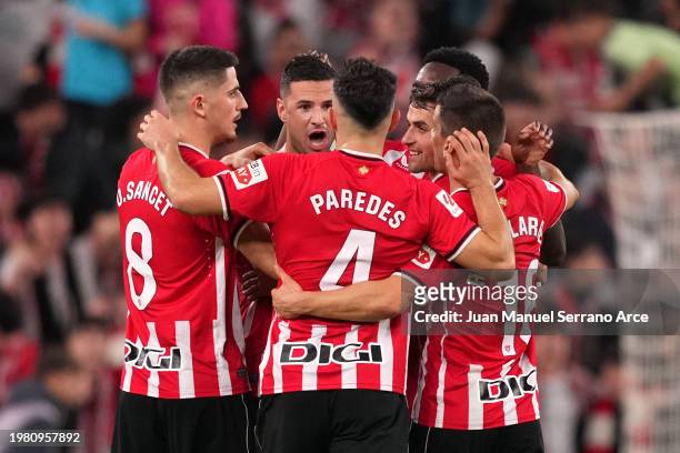 Gorka Guruzeta of Athletic Club celebrates with teammates after scoring his team's third goal during the LaLiga EA Sports match between Athletic...
