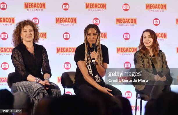 Alex Kingston, Michelle Hurd and Felicia Day speak at MegaCon Orlando 2024 at Orange County Convention Center on February 02, 2024 in Orlando,...