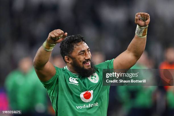 Bundee Aki of Ireland celebrates victory at full-time following the Guinness Six Nations 2024 match between France and Ireland at Orange Velodrome on...