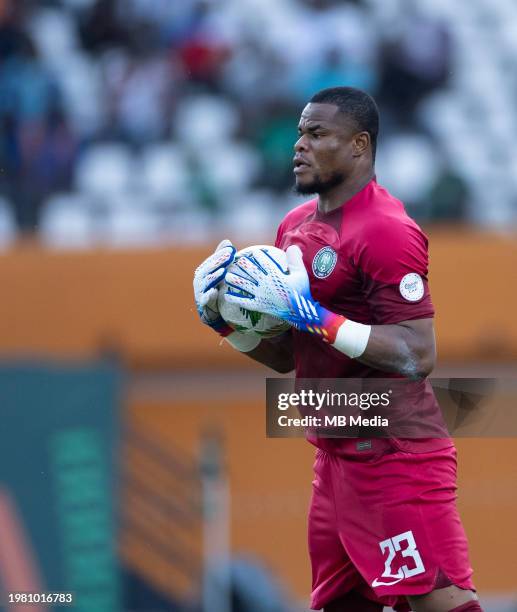 Nigeria goalkeeper Stanley Nwabali claims the ball during the TotalEnergies CAF Africa Cup of Nations quarterfinal match between Nigeria and Angola...