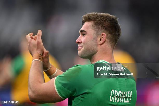 Jack Crowley of Ireland applauds the fans at full-time following the teams victory in the Guinness Six Nations 2024 match between France and Ireland...