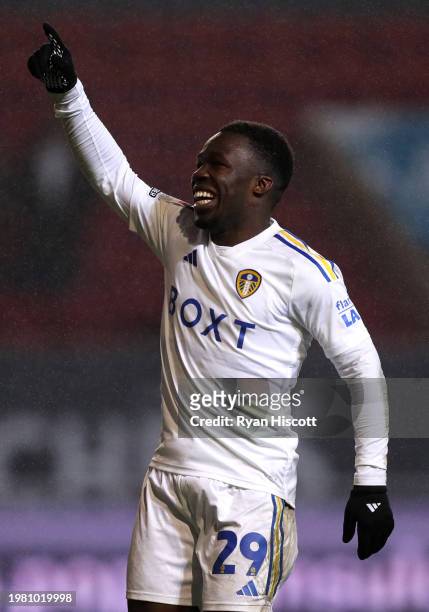 Wilfried Gnonto of Leeds United celebrates at full-time following the teams victory in the Sky Bet Championship match between Bristol City and Leeds...