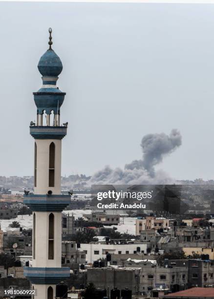 Smoke rises from Khan Yunis district as Israeli attacks continue in Rafah of Gaza on February 05, 2024.