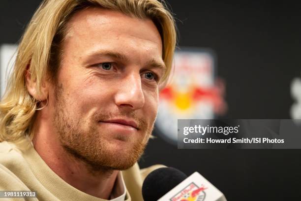 New York Red Bulls designated player Emil Forsberg addresses the media during a press conference at Red Bull Arena on February 2, 2024 in Harrison,...