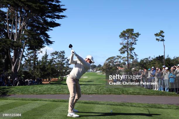 Rory McIlroy of Northern Ireland plays his shot from the 13th tee during the second round of the AT&T Pebble Beach Pro-Am at Pebble Beach Golf Links...