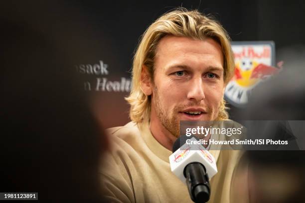 New York Red Bulls designated player Emil Forsberg addresses the media during a press conference at Red Bull Arena on February 2, 2024 in Harrison,...