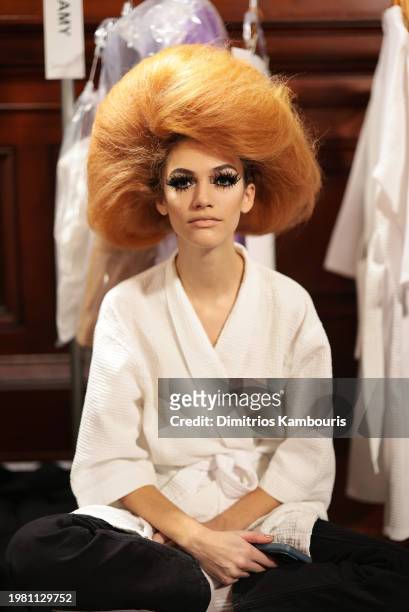 Model poses backstage at the Marc Jacobs Runway 2024 Show at the Park Avenue Armory on February 02, 2024 in New York City.
