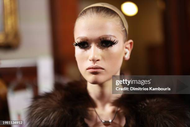 Model poses backstage at the Marc Jacobs Runway 2024 Show at the Park Avenue Armory on February 02, 2024 in New York City.