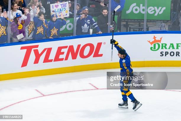 Team Matthews Celebrity captain Justin Bieber reacts during warmup before the 2024 NHL All-Star game at Scotiabank Arena on February 03, 2024 in...