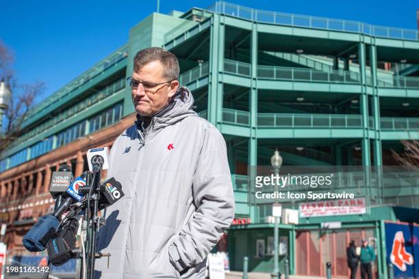 Boston Red Sox President & CEO Sam Kennedy speaks with the media during Boston Red Sox Truck Day on February 5 outside Fenway Park in Boston, MA.