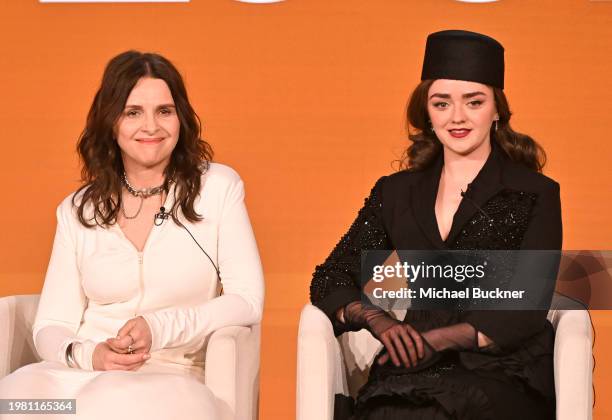 Juliette Binoche and Maisie Williams of 'The New Look' speak at the Apple TV+ presentations at the TCA Winter Press Tour held at The Langham,...