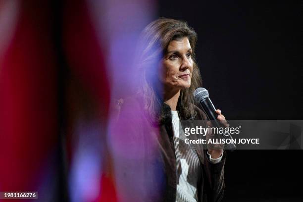 Republican presidential hopeful and former UN Ambassador Nikki Haley speaks at a rally at the Etherredge Center in Aiken, South Carolina, on February...