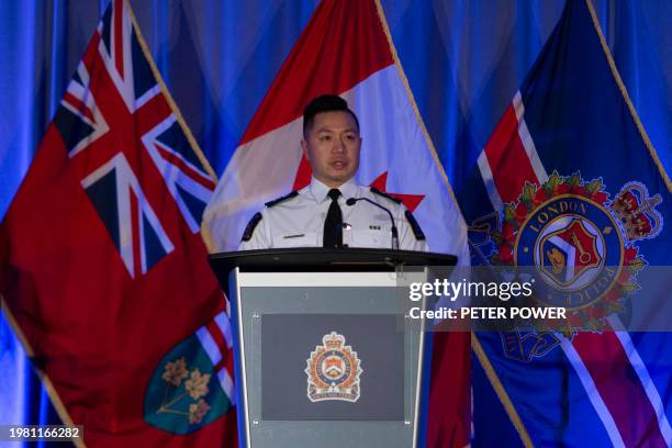 London Police Service Chief Thai Troung holds a press conference in London, Ontario, on February 5, 2024. Four NHL players have been charged over...