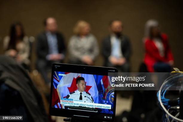 London Police Service Chief Thai Troung holds a press conference in London, Ontario, on February 5, 2024. Four NHL players have been charged over...