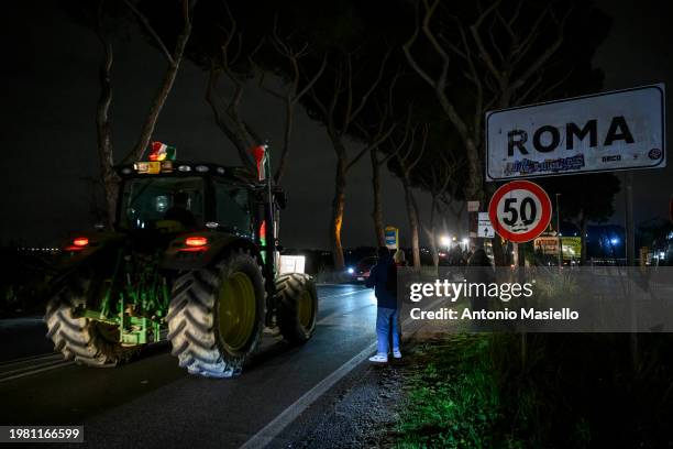 Convoy of tractors runs in Nomentana street, on the outskirts of Rome, to protest against EU agriculture policies, on February 5, 2024 in Rome,...