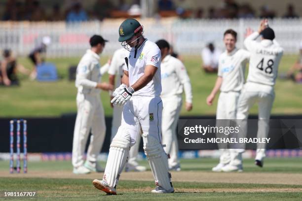 South Africa's David Bedingham is dismissed during day three of the first cricket test match between New Zealand and South Africa at the Bay Oval in...