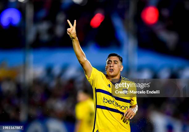 Miguel Merentiel of Boca Juniors celebrates after scoring the team's first goal during a Copa de la Liga 2024 group B match between Tigre and Boca...