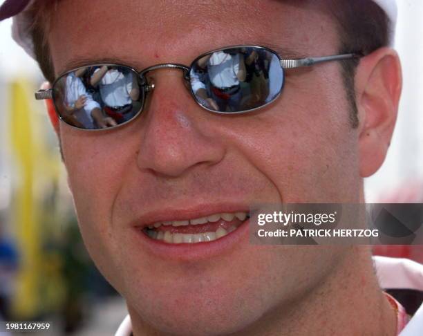 Portrait of Brazilian Stewart-Ford driver Rubens Barrichello taken in the paddock of the Silverstone racetrack, 08 July 1999, three days before the...