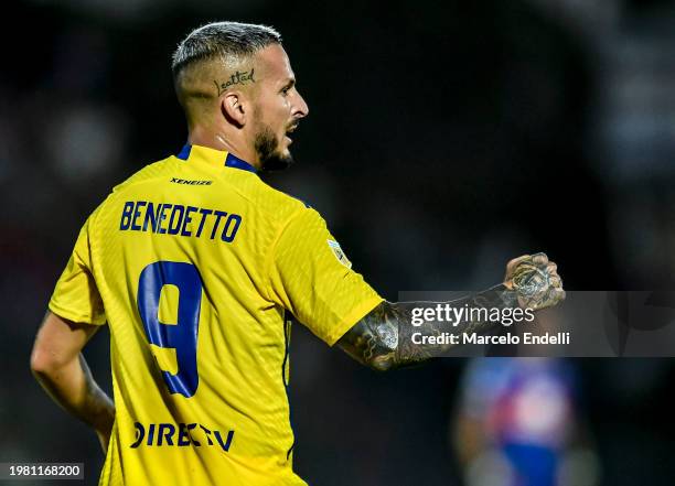 Dario Benedetto of Boca Juniors celebrates after scoring the team's second goal during a Copa de la Liga 2024 group B match between Tigre and Boca...