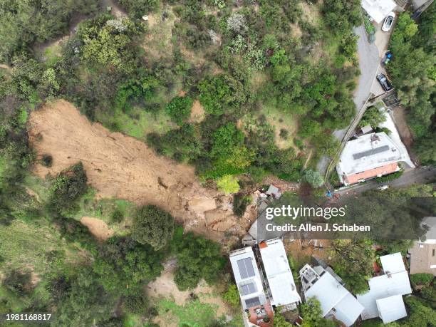 Los Angeles, CA An aerial view of a Beverly Crest home that was pushed off it's foundation by a mudslide early Monday morning near Beverly Glen...