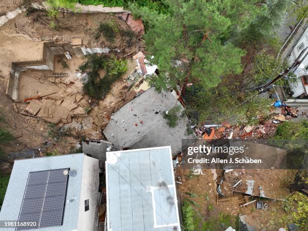 Los Angeles, CA An aerial view of a Beverly Crest home that was pushed off it's foundation by a mudslide early Monday morning near Beverly Glen...