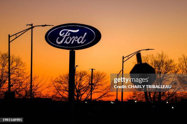 The logo of car manufacturer Ford is pictured in Inwood, New York, on February 5, 2024.