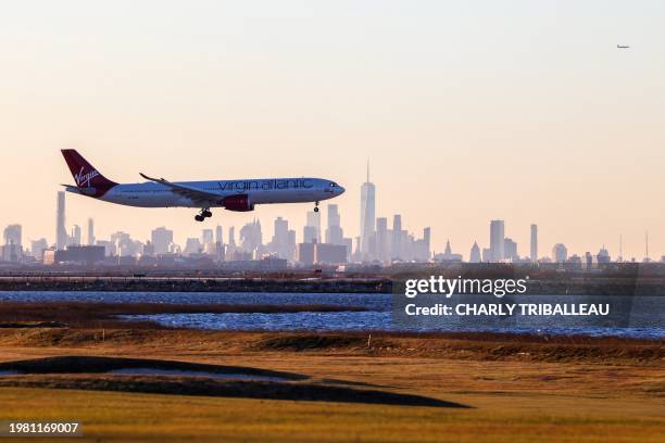 An Airbus A330 passenger aircraft of Virgin Atlantic airlines arrives from London at JFK International Airport in New York on February 5, 2024.