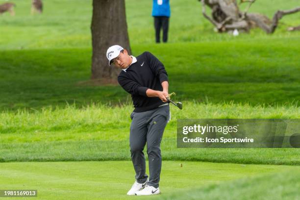 Kevin Yu pitches onto the 2nd hole green at the 3rd round of the AT&T Pebble Beach Pro-Am tournament on Saturday, February 3, 2024 in Monterey,...