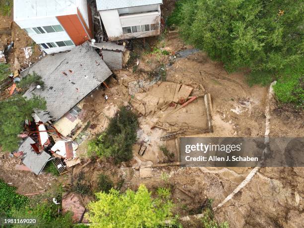 Los Angeles, CA An aerial view of a Beverly Crest home that was pushed off it's foundation by a mudslide early Monday morning near Beverly Glen...