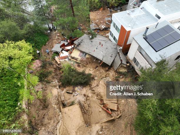 Los Angeles, CA An aerial view of a Beverly Crest home that was pushed off it's foundation by a mudslide early Monday morning near Beverly Glen...