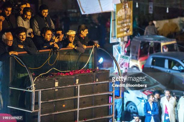 Bilawal Bhutto Zardari, chairman of Pakistan Peoples Party and former foreign minister, center, during a election campaign rally in Karachi,...