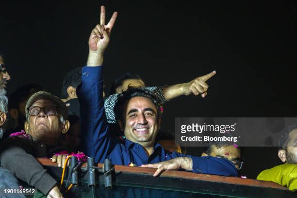 Bilawal Bhutto Zardari, chairman of Pakistan Peoples Party and former foreign minister, center, during a election campaign rally in Karachi,...