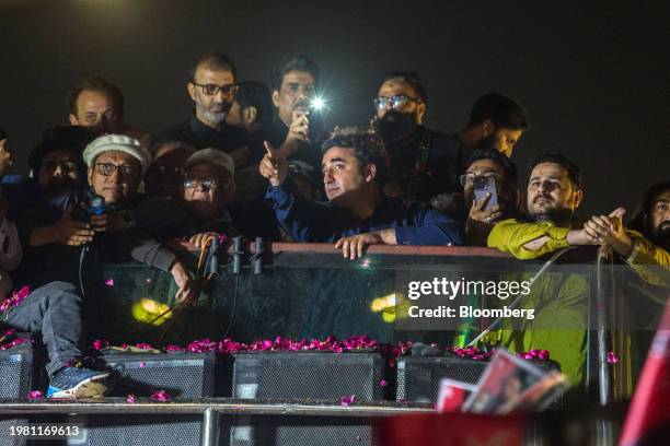 Bilawal Bhutto Zardari, chairman of Pakistan Peoples Party and former foreign minister, center, during a election campaign rally in Karachi,...