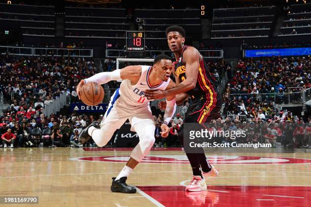 Russell Westbrook of the LA Clippers drives to the basket during the game against the Atlanta Hawks on February 5, 2024 at State Farm Arena in...
