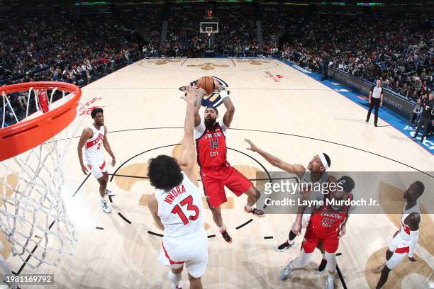 Brandon Ingram of the New Orleans Pelicans shoots the ball during the game against the Toronto Raptors on February 5, 2024 at the Smoothie King...
