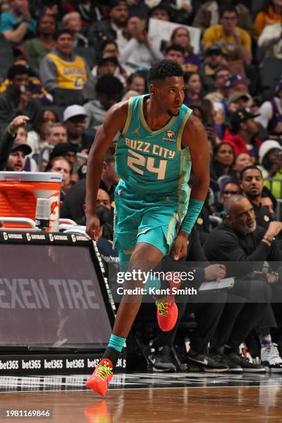 Brandon Miller of the Charlotte Hornets looks on during the game against the Los Angeles Lakers on February 5, 2024 at Spectrum Center in Charlotte,...