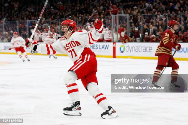 Macklin Celebrini of the Boston University Terriers celebrates his goal against the Boston College Eagles during the first period of the semifinals...