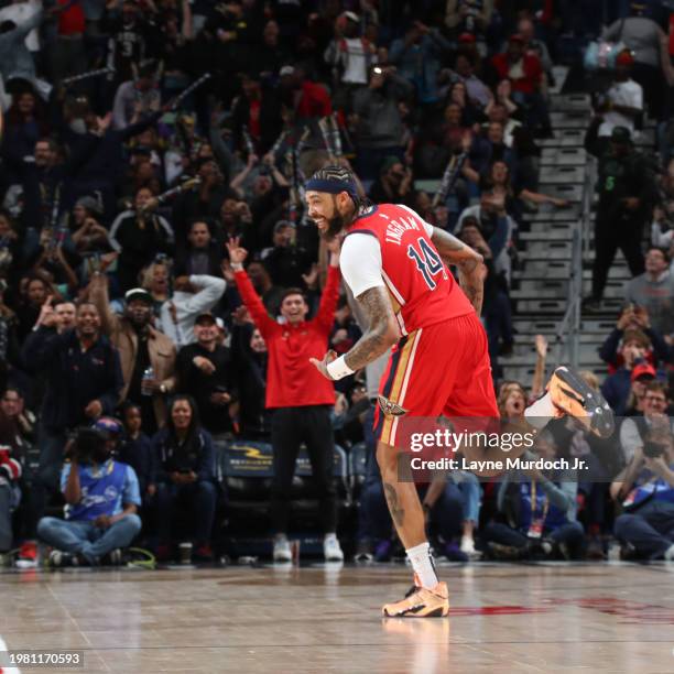 Brandon Ingram of the New Orleans Pelicans celebrates a three point basket during the game against the Toronto Raptors on February 5, 2024 at the...