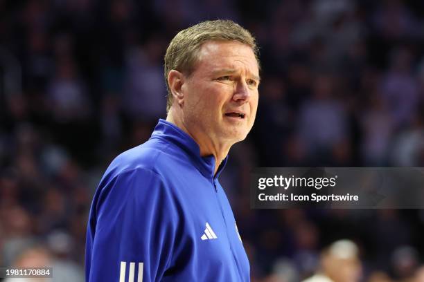 Kansas Jayhawks head coach Bill Self looks concerned in the first half of a Big 12 basketball game between the Kansas Jayhawks and Kansas State...