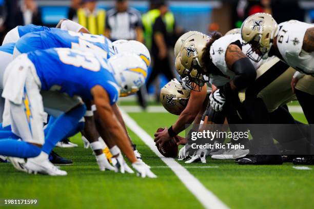Los Angeles Chargers defense and New Orleans Saints offense at the line of scrimmage before an extra point attempt during a game at SoFi Stadium on...