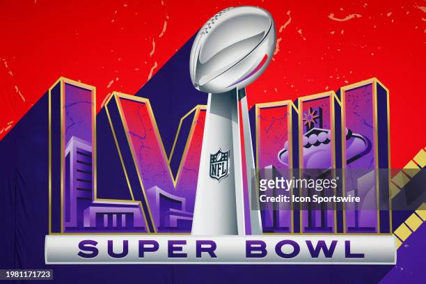 Signage featuring the Super Bowl LVIII logo during the Super Bowl LVIII Opening Night presented by Gatorade featuring the AFC Champion Kansas City...